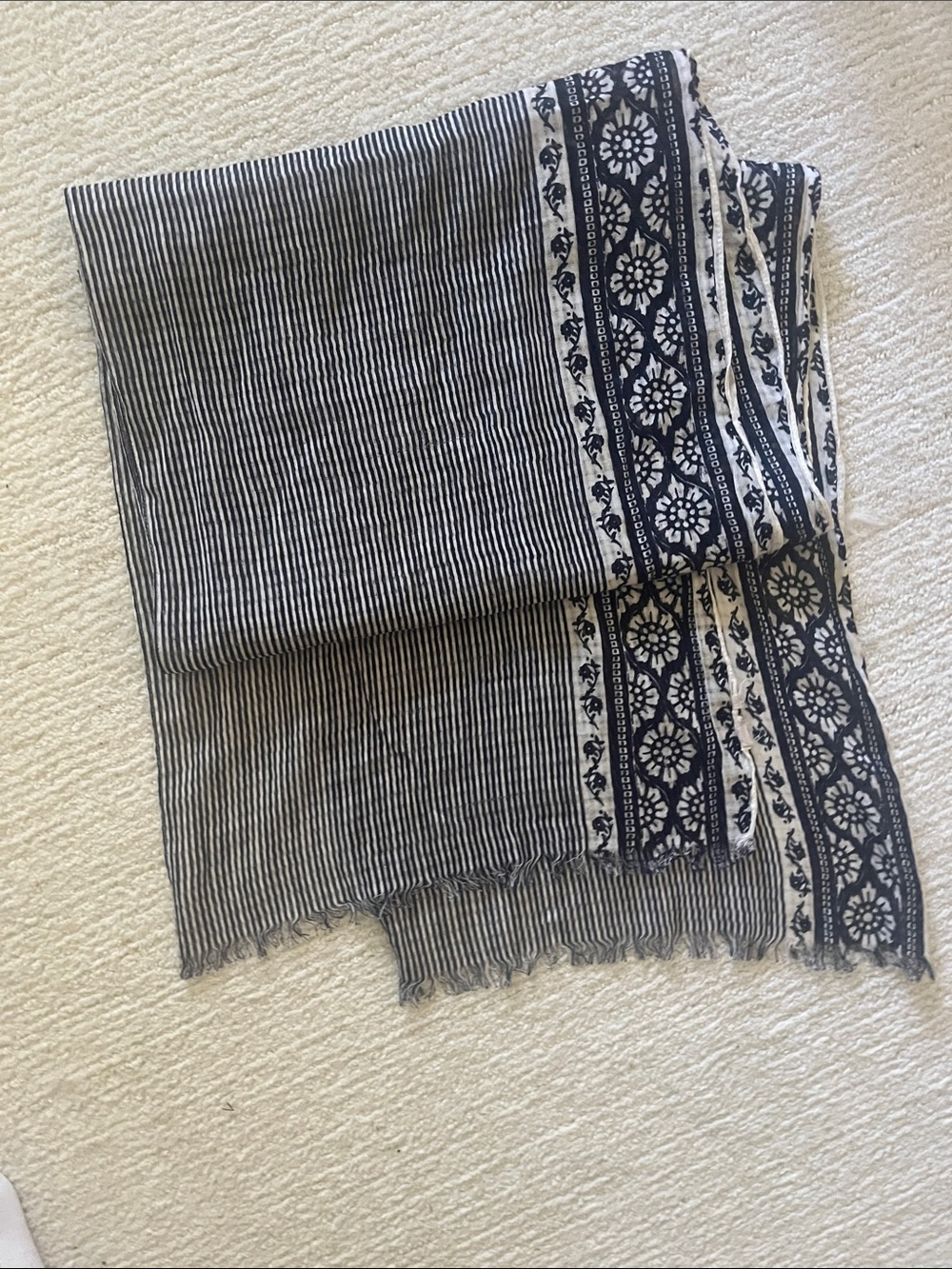 Striped and Floral Border Scarf in Navy and White